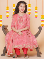 Thumbnail for Girls Peach Self design Booti Angrakha Gotta Patti Kurta & with Trouser & Dupatta for Kids - Bhama - Distacart