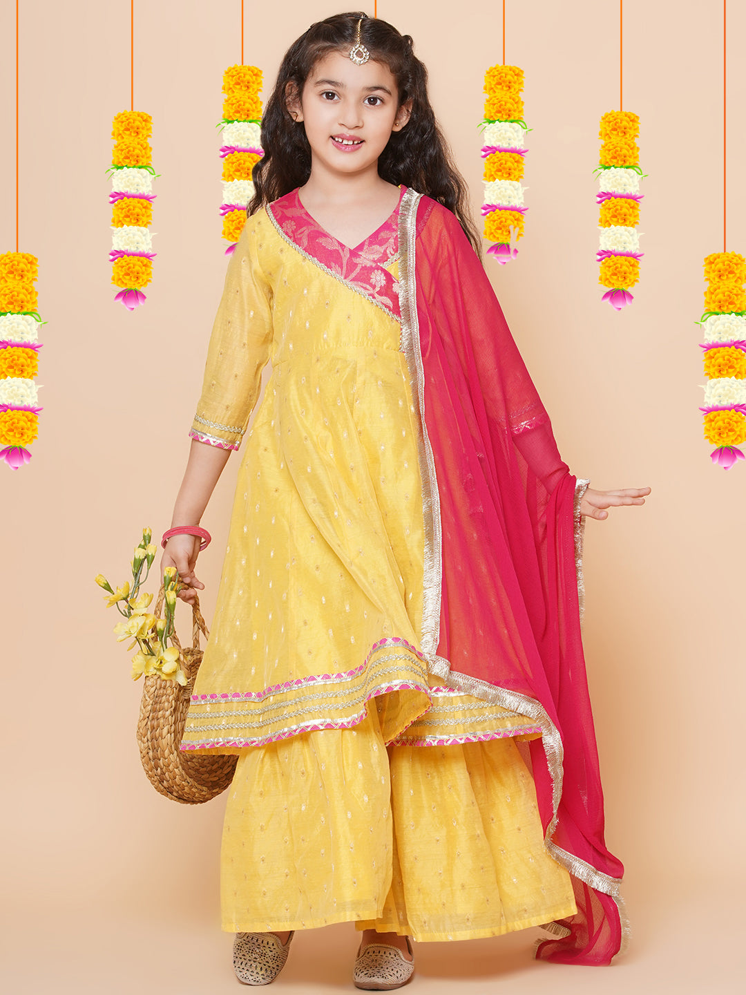 Girls Yellow self design Angrakha Gotta Patti Kurta & Sharara set With Dupatta for Kids - Bhama - Distacart
