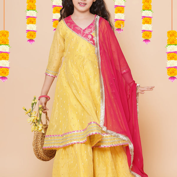 Girls Yellow self design Angrakha Gotta Patti Kurta & Sharara set With Dupatta for Kids - Bhama - Distacart