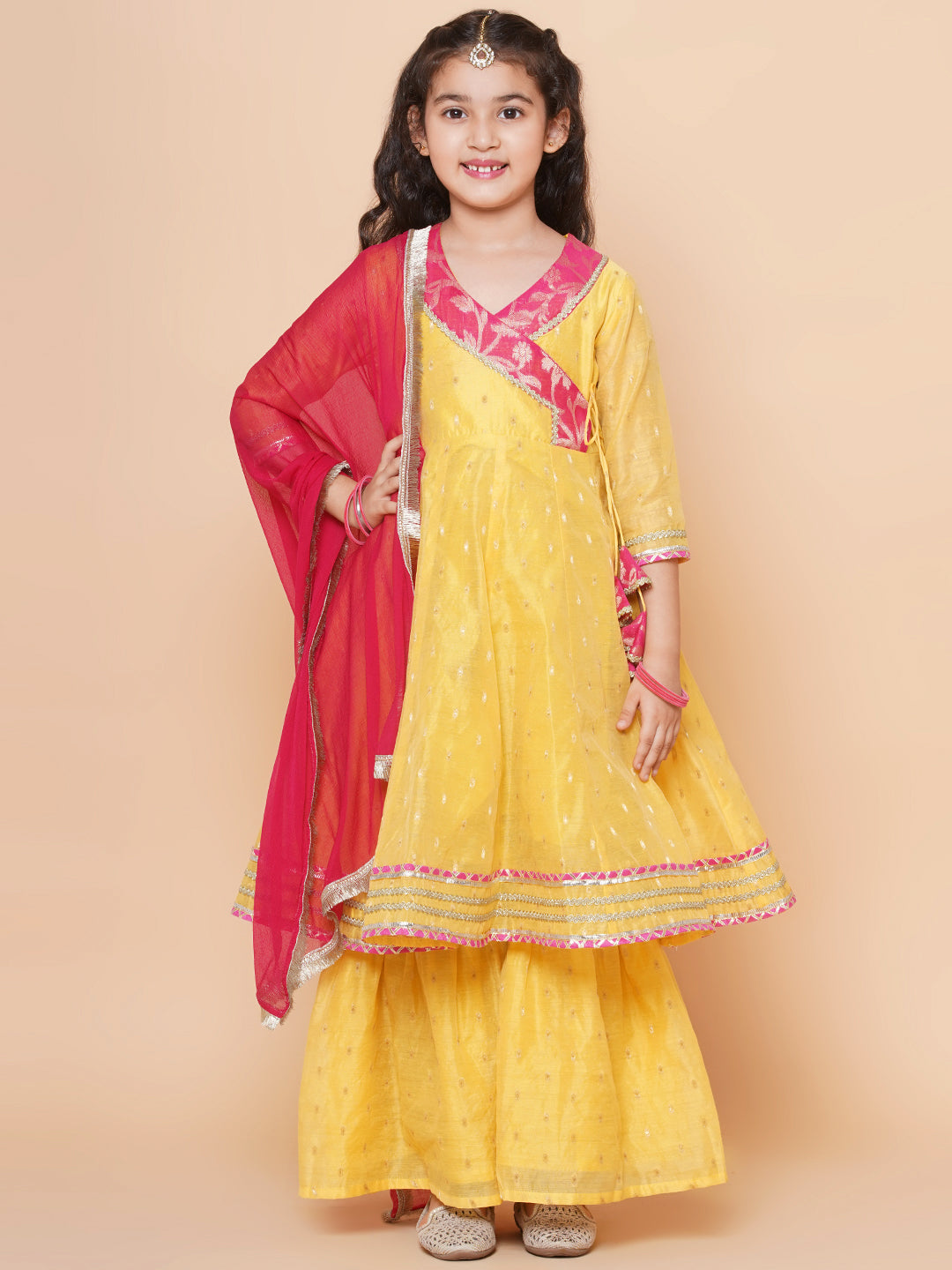 Girls Yellow self design Angrakha Gotta Patti Kurta & Sharara set With Dupatta for Kids - Bhama - Distacart