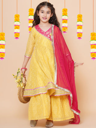 Girls Yellow self design Angrakha Gotta Patti Kurta & Sharara set With Dupatta for Kids - Bhama - Distacart