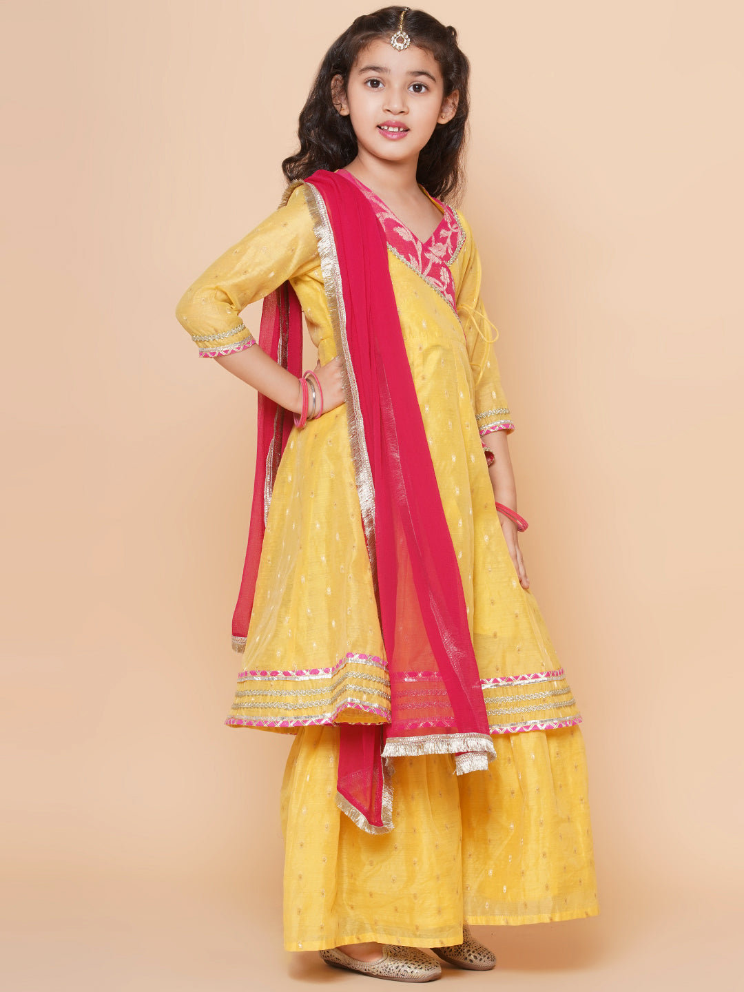 Girls Yellow self design Angrakha Gotta Patti Kurta & Sharara set With Dupatta for Kids - Bhama - Distacart