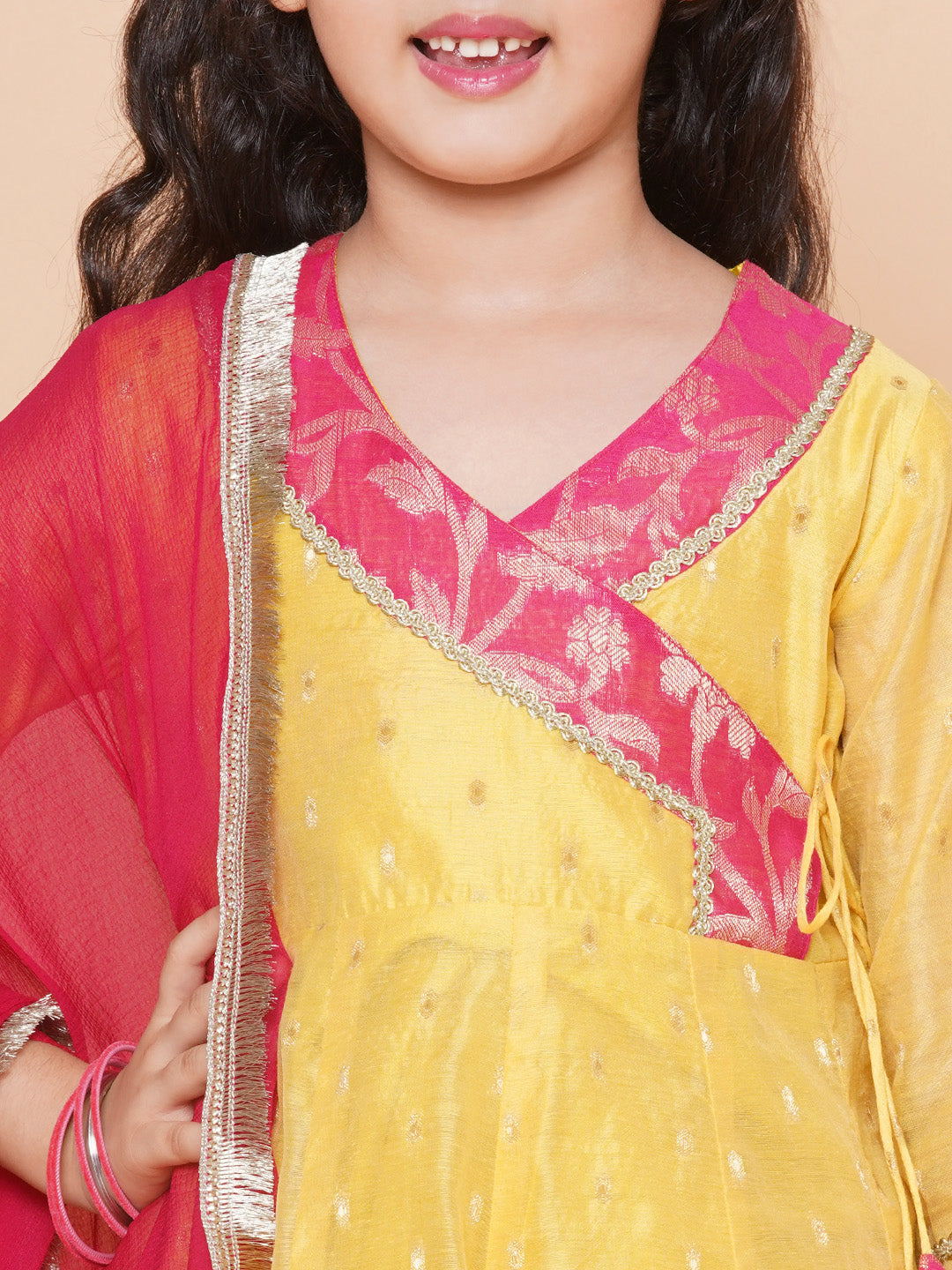 Girls Yellow self design Angrakha Gotta Patti Kurta & Sharara set With Dupatta for Kids - Bhama - Distacart