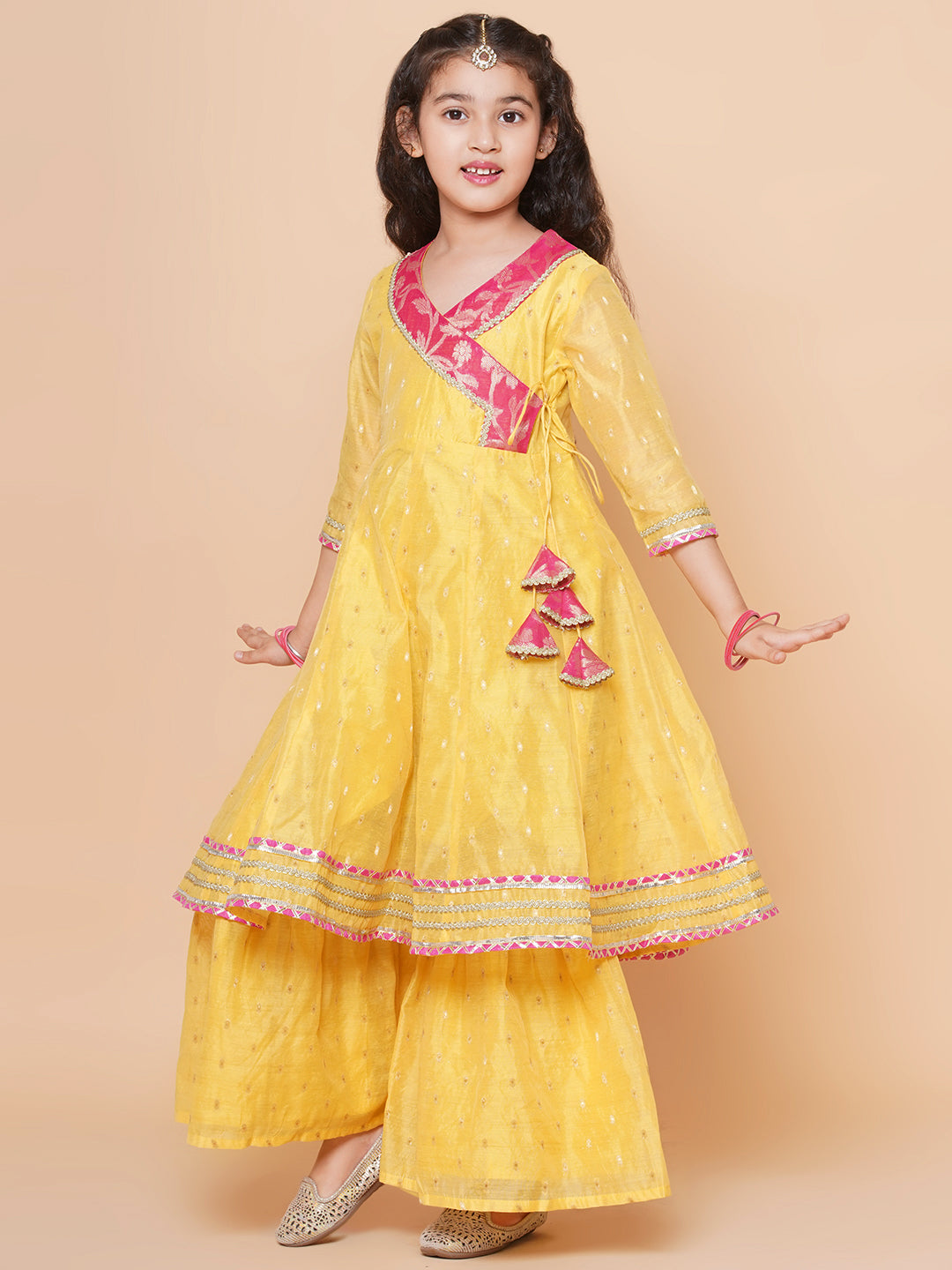 Girls Yellow self design Angrakha Gotta Patti Kurta & Sharara set With Dupatta for Kids - Bhama - Distacart