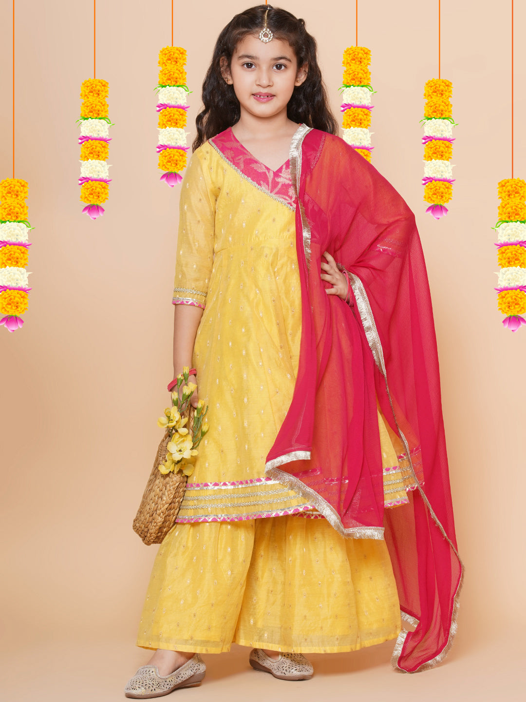 Girls Yellow self design Angrakha Gotta Patti Kurta & Sharara set With Dupatta for Kids - Bhama - Distacart