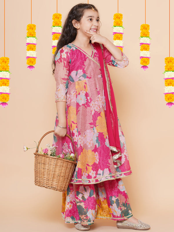 Girls Pink Floral Printed Angrakha Gotta Patti Kurta & Sharara set With Dupatta for Kids - Bhama - Distacart