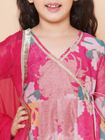 Thumbnail for Girls Pink Floral Printed Angrakha Gotta Patti Kurta & Sharara set With Dupatta for Kids - Bhama - Distacart