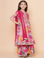 Thumbnail for Girls Pink Floral Printed Angrakha Gotta Patti Kurta & Sharara set With Dupatta for Kids - Bhama - Distacart