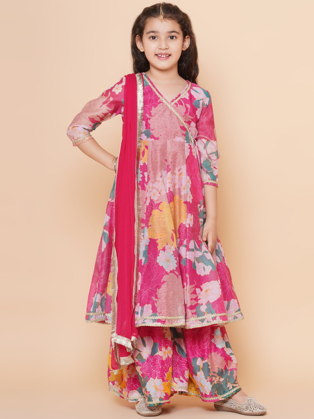 Girls Pink Floral Printed Angrakha Gotta Patti Kurta & Sharara set With Dupatta for Kids - Bhama - Distacart