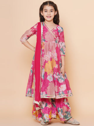 Girls Pink Floral Printed Angrakha Gotta Patti Kurta & Sharara set With Dupatta for Kids - Bhama - Distacart