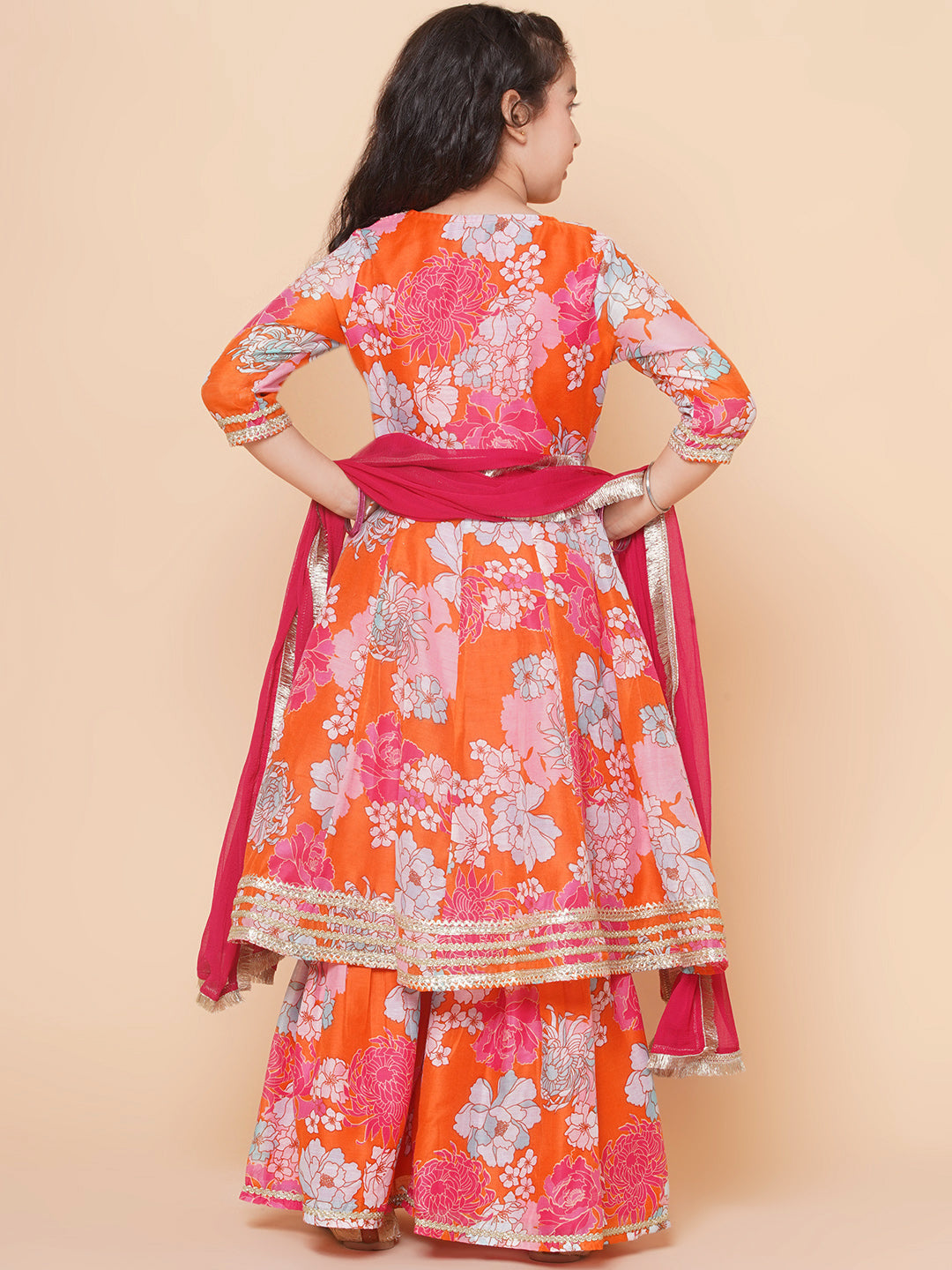 Orange Multi Printed Angrakha Kurta Set For Women & Angrakha Sharara Set For Girls - Bhama - Distacart