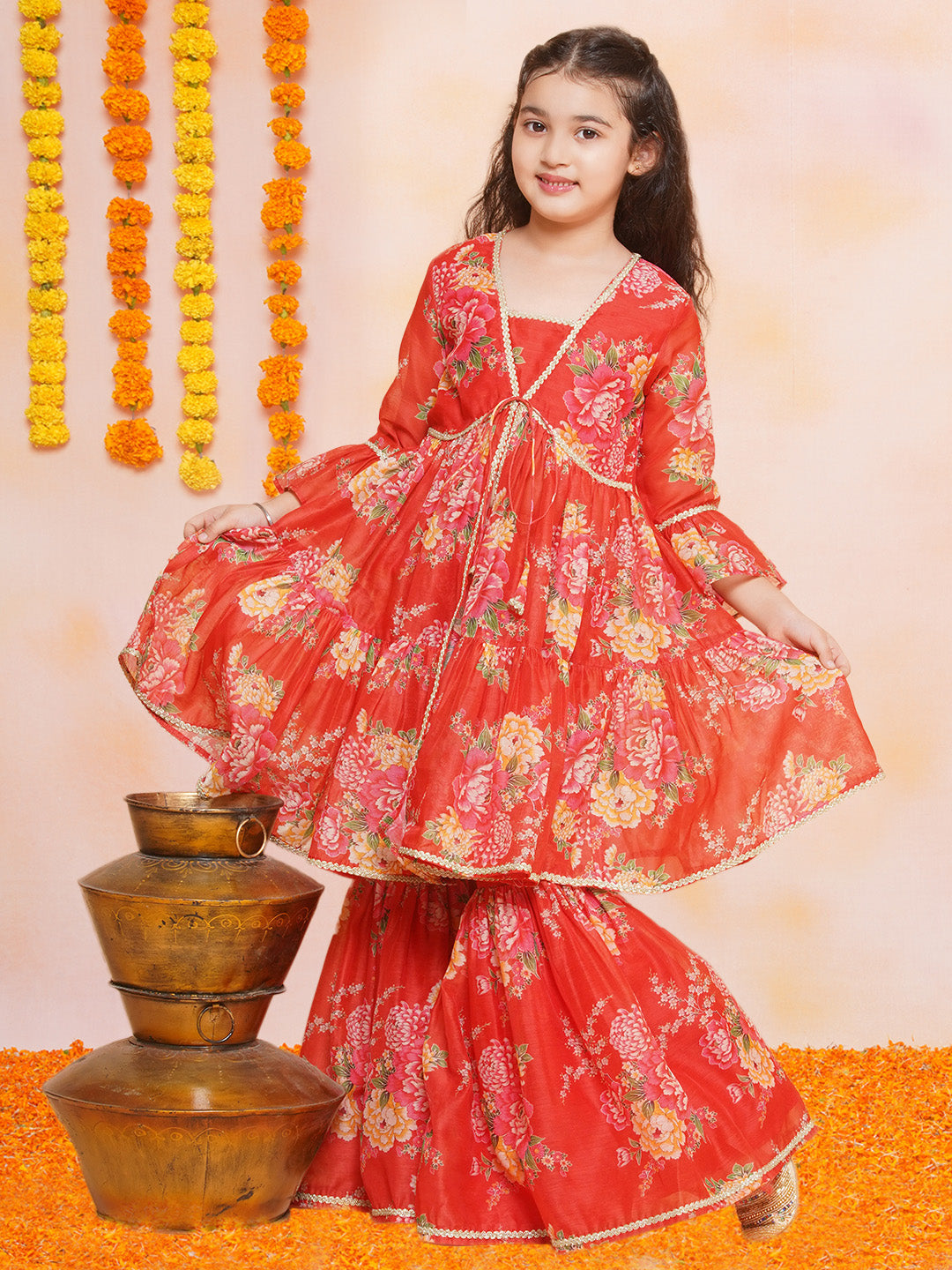 Girls Red Printed V- Neck Kurta with Sharara - Bhama - Distacart