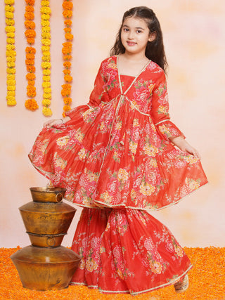 Girls Red Printed V- Neck Kurta with Sharara - Bhama - Distacart