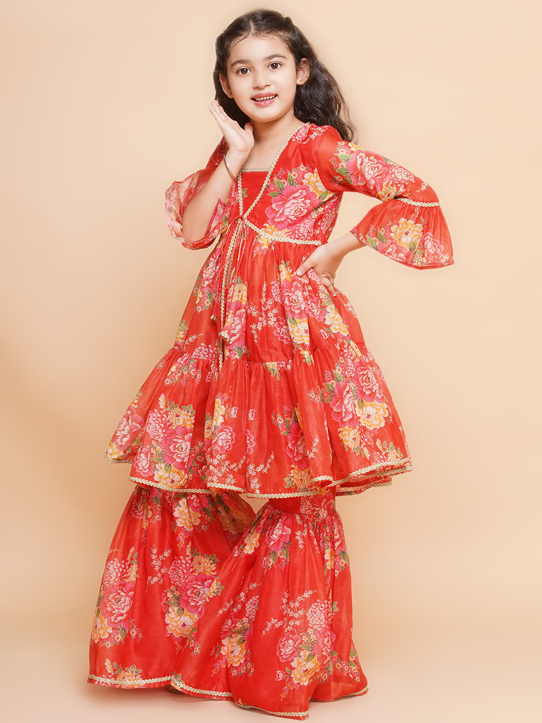 Girls Red Printed V- Neck Kurta with Sharara - Bhama - Distacart