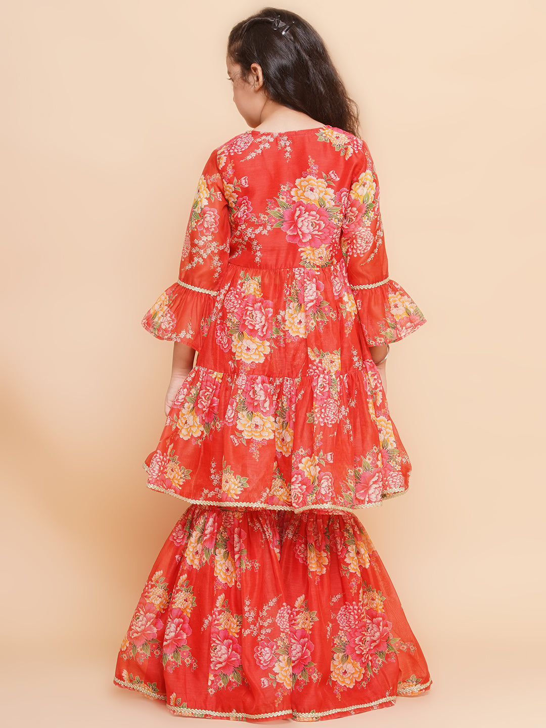 Girls Red Printed V- Neck Kurta with Sharara - Bhama - Distacart