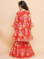 Thumbnail for Girls Red Printed V- Neck Kurta with Sharara - Bhama - Distacart