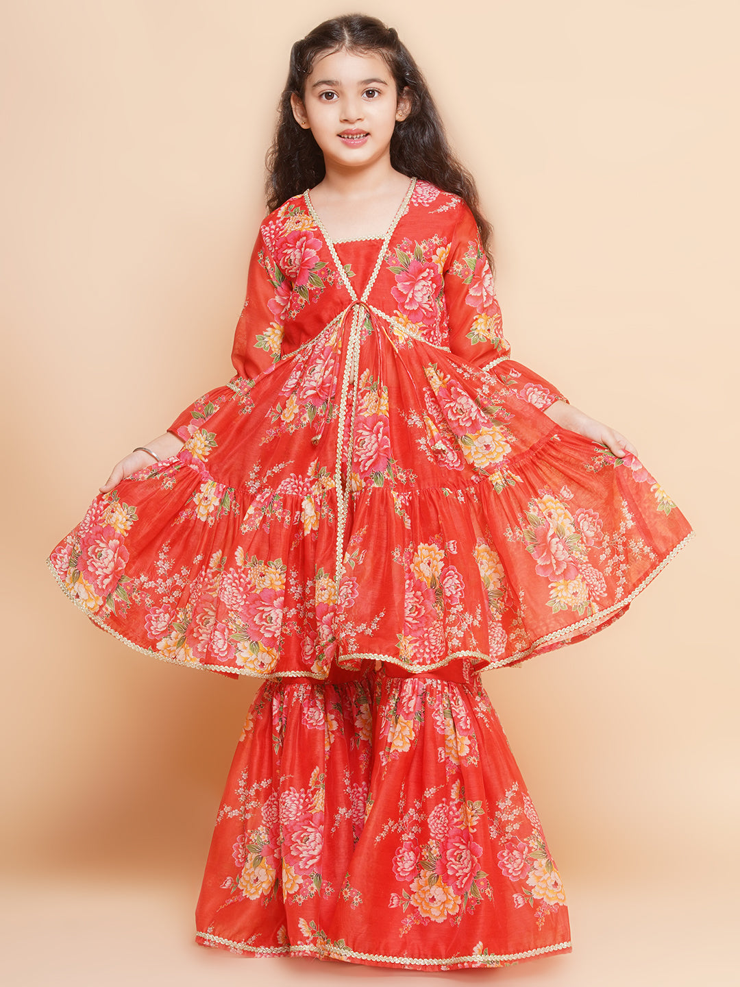 Girls Red Printed V- Neck Kurta with Sharara - Bhama - Distacart
