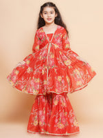 Thumbnail for Girls Red Printed V- Neck Kurta with Sharara - Bhama - Distacart