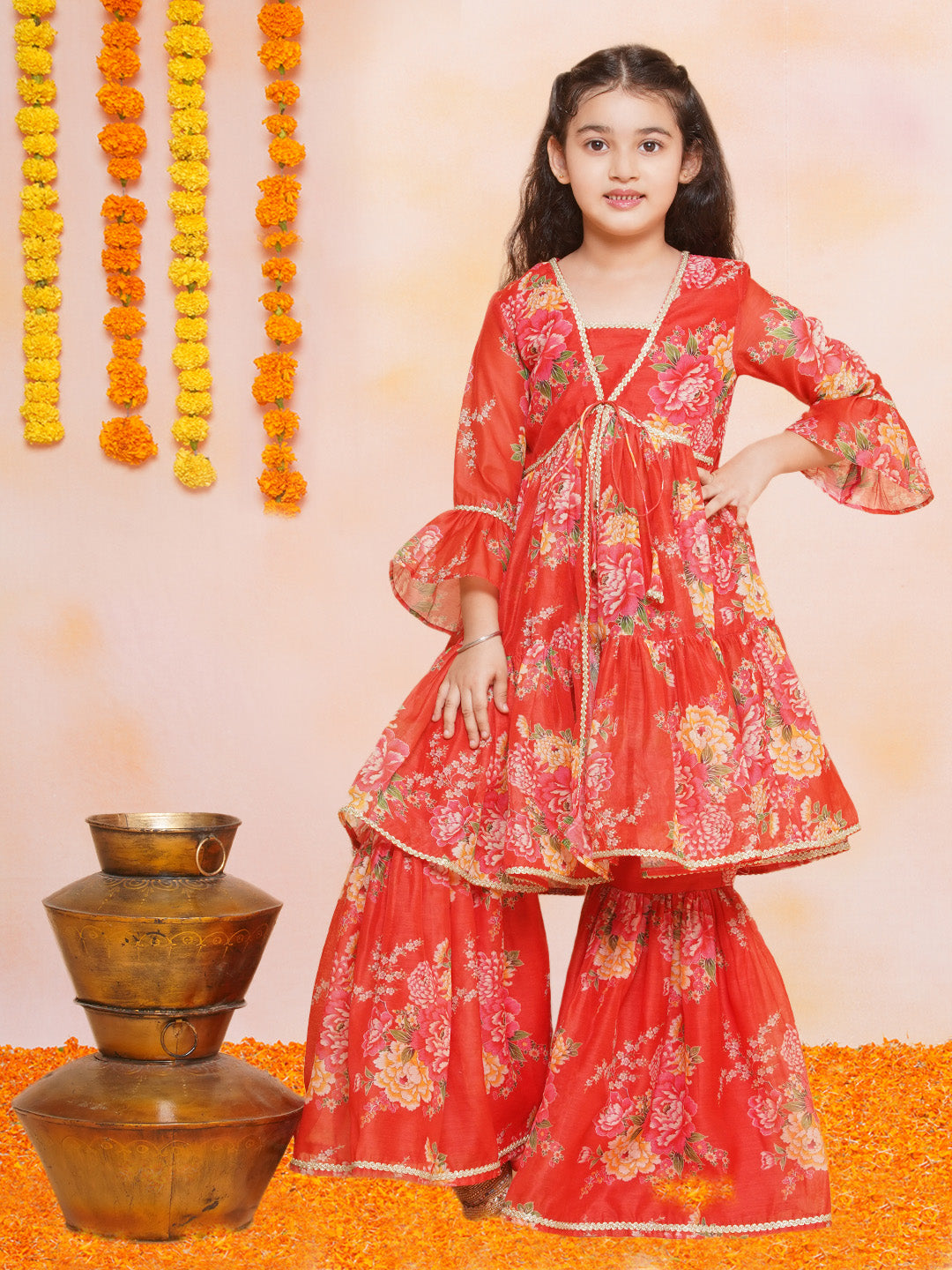 Girls Red Printed V- Neck Kurta with Sharara - Bhama - Distacart
