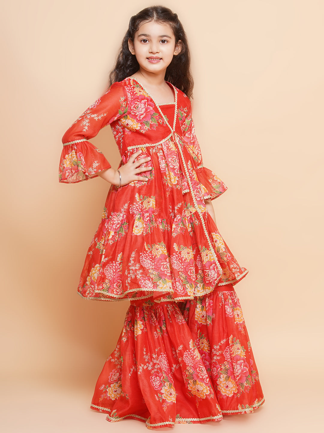 Girls Red Printed V- Neck Kurta with Sharara - Bhama - Distacart