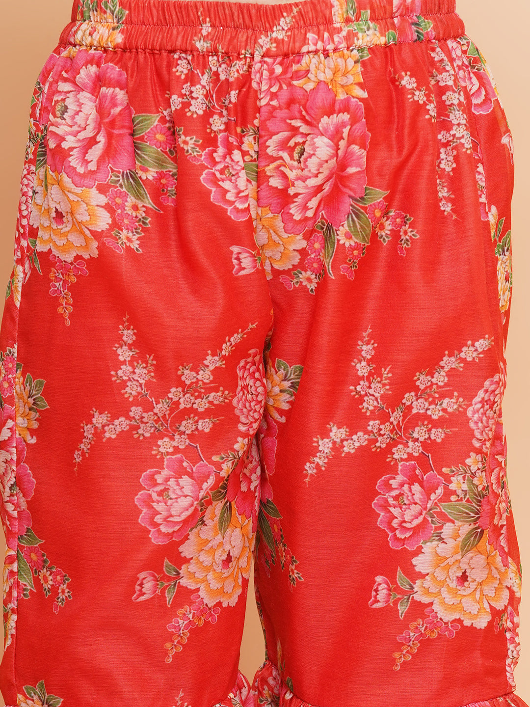 Girls Red Printed V- Neck Kurta with Sharara - Bhama - Distacart