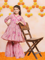 Thumbnail for Girls Pink Printed Angrakha Kurta with Sharara - Bhama - Distacart