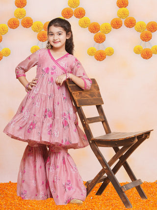 Girls Pink Printed Angrakha Kurta with Sharara - Bhama - Distacart