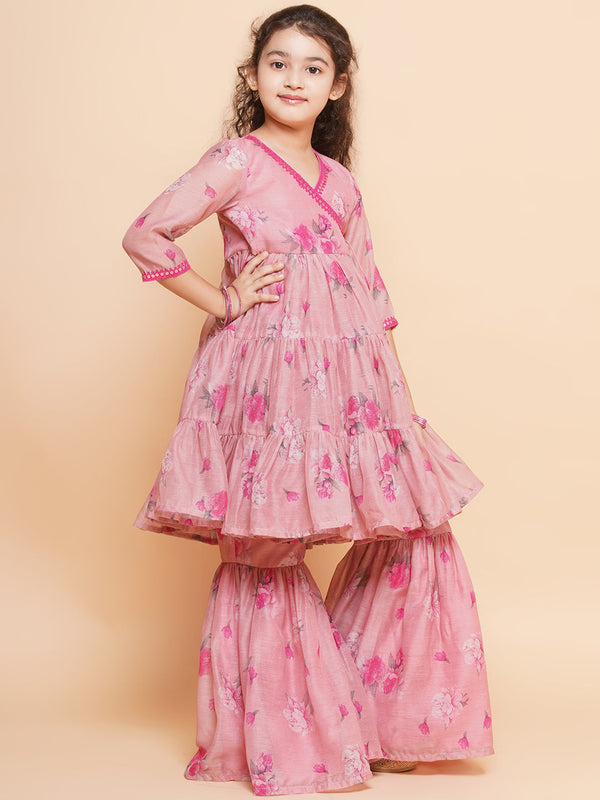 Girls Pink Printed Angrakha Kurta with Sharara - Bhama - Distacart