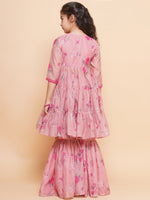 Thumbnail for Girls Pink Printed Angrakha Kurta with Sharara - Bhama - Distacart