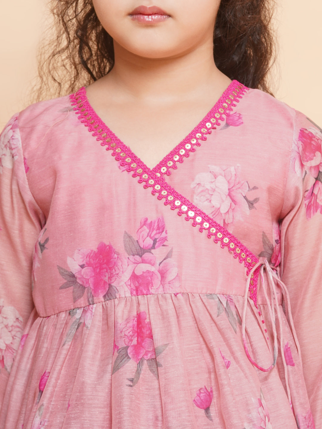 Girls Pink Printed Angrakha Kurta with Sharara - Bhama - Distacart