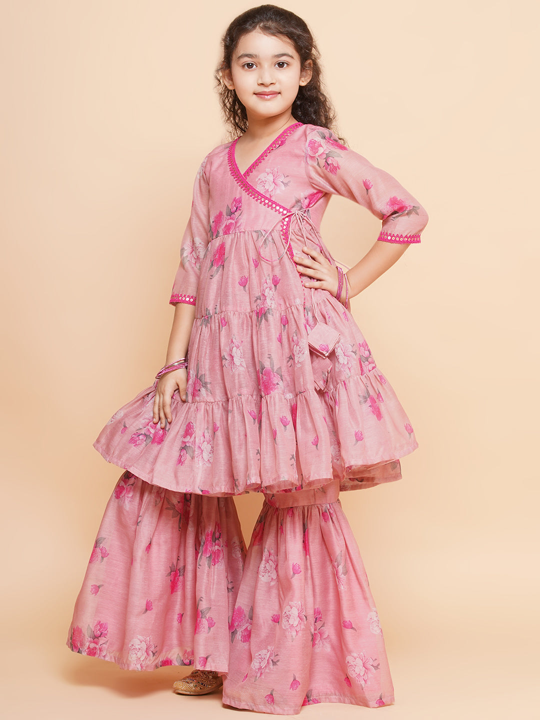 Girls Pink Printed Angrakha Kurta with Sharara - Bhama - Distacart