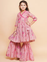 Thumbnail for Girls Pink Printed Angrakha Kurta with Sharara - Bhama - Distacart