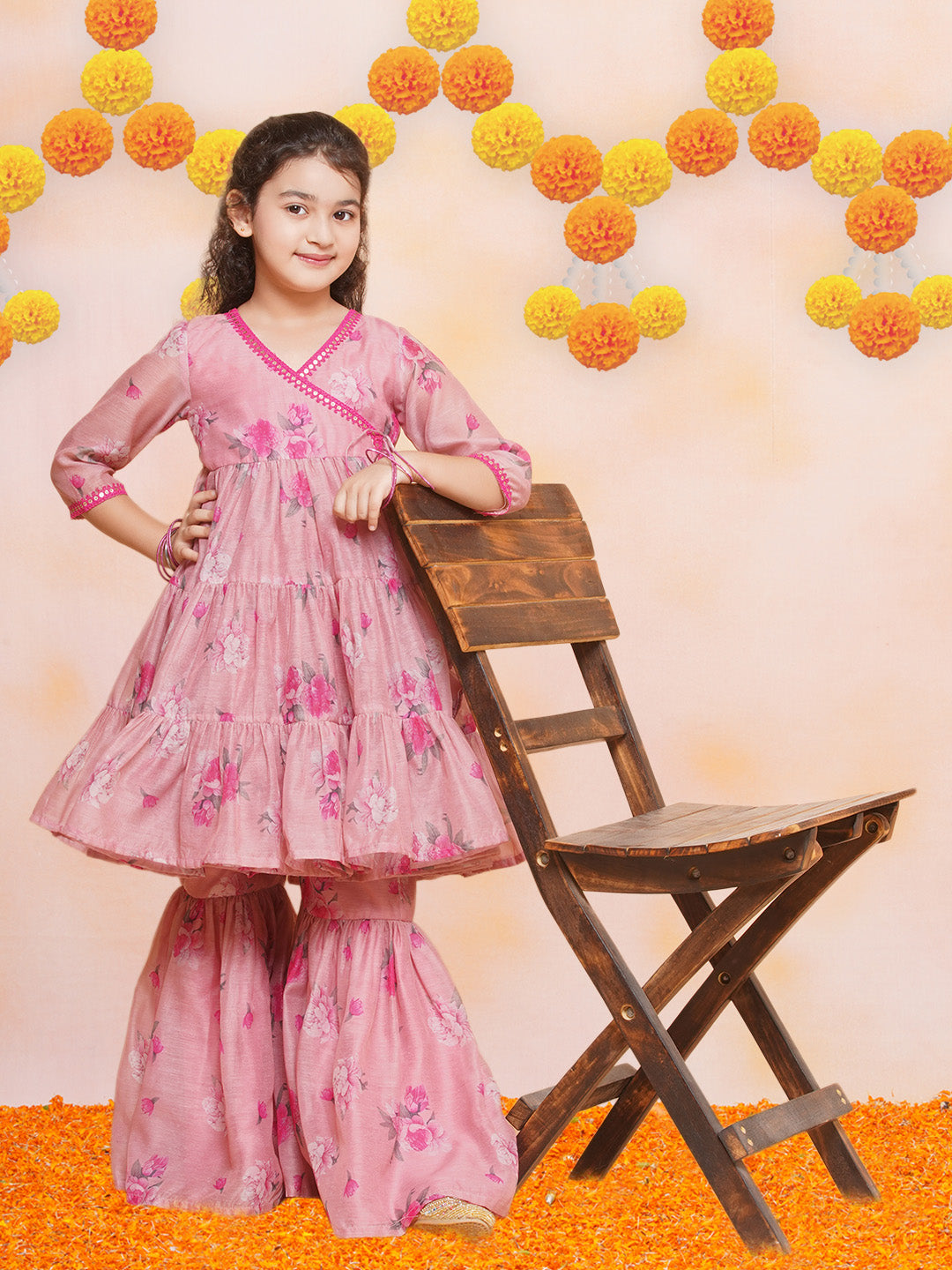 Girls Pink Printed Angrakha Kurta with Sharara - Bhama - Distacart