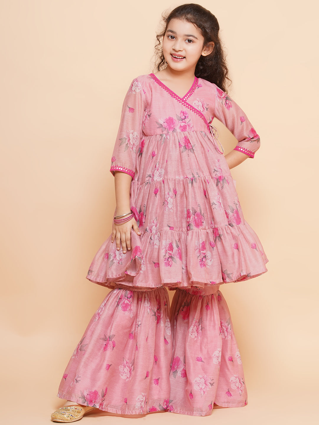 Girls Pink Printed Angrakha Kurta with Sharara - Bhama - Distacart