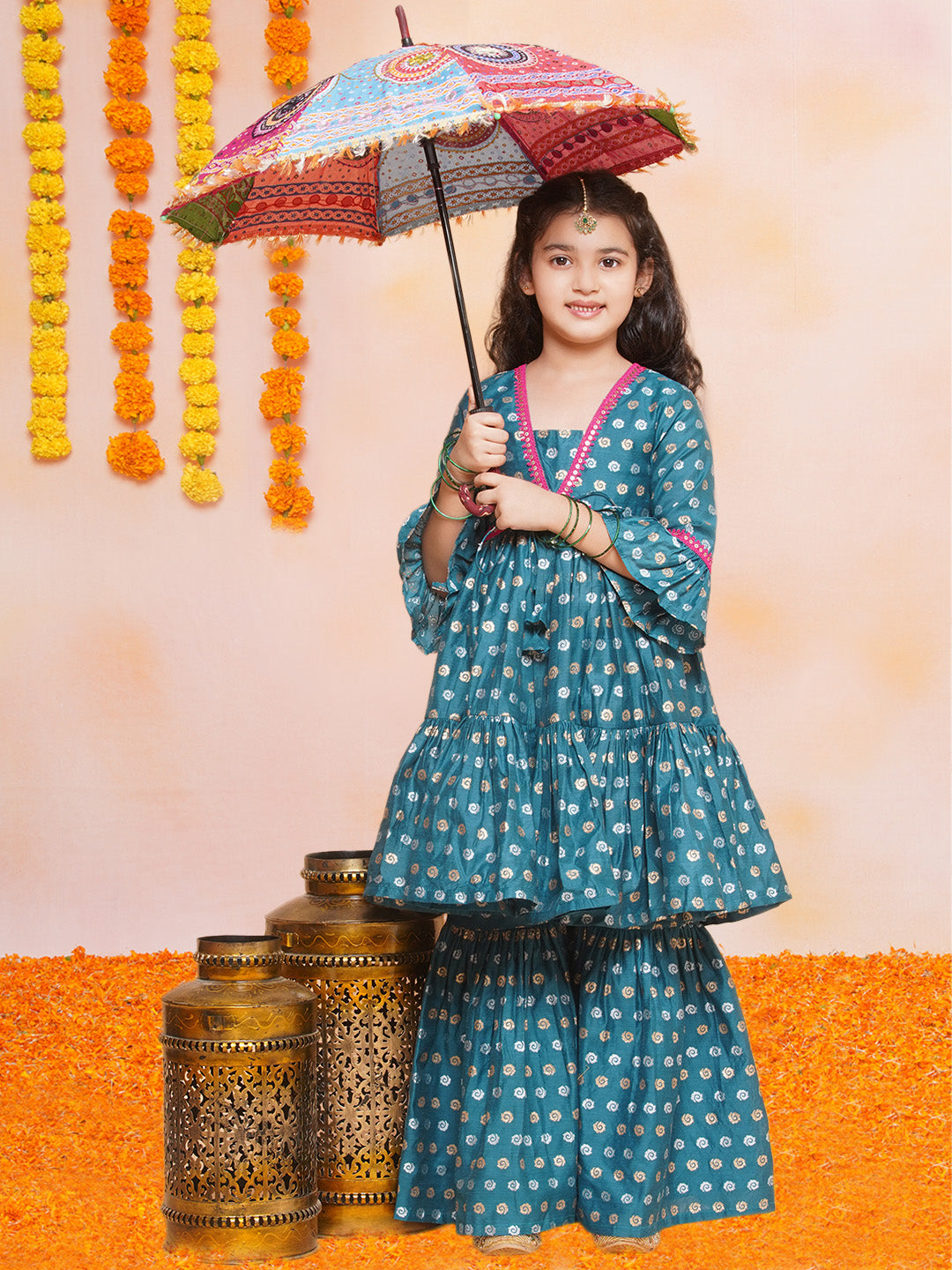 Girls Teal Blue Printed V-Neck Kurta with Sharara - Bhama - Distacart