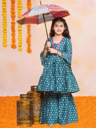 Girls Teal Blue Printed V-Neck Kurta with Sharara - Bhama - Distacart