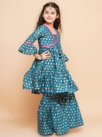 Thumbnail for Girls Teal Blue Printed V-Neck Kurta with Sharara - Bhama - Distacart