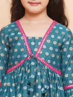 Thumbnail for Girls Teal Blue Printed V-Neck Kurta with Sharara - Bhama - Distacart