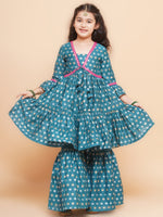 Thumbnail for Girls Teal Blue Printed V-Neck Kurta with Sharara - Bhama - Distacart