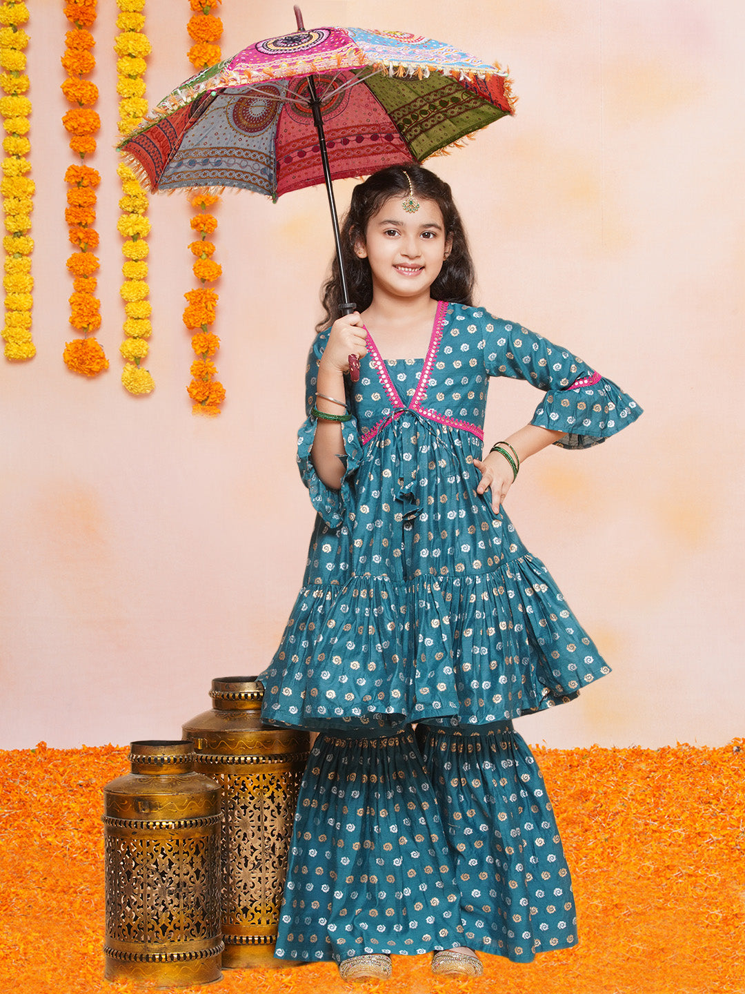 Girls Teal Blue Printed V-Neck Kurta with Sharara - Bhama - Distacart