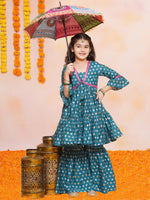 Thumbnail for Girls Teal Blue Printed V-Neck Kurta with Sharara - Bhama - Distacart