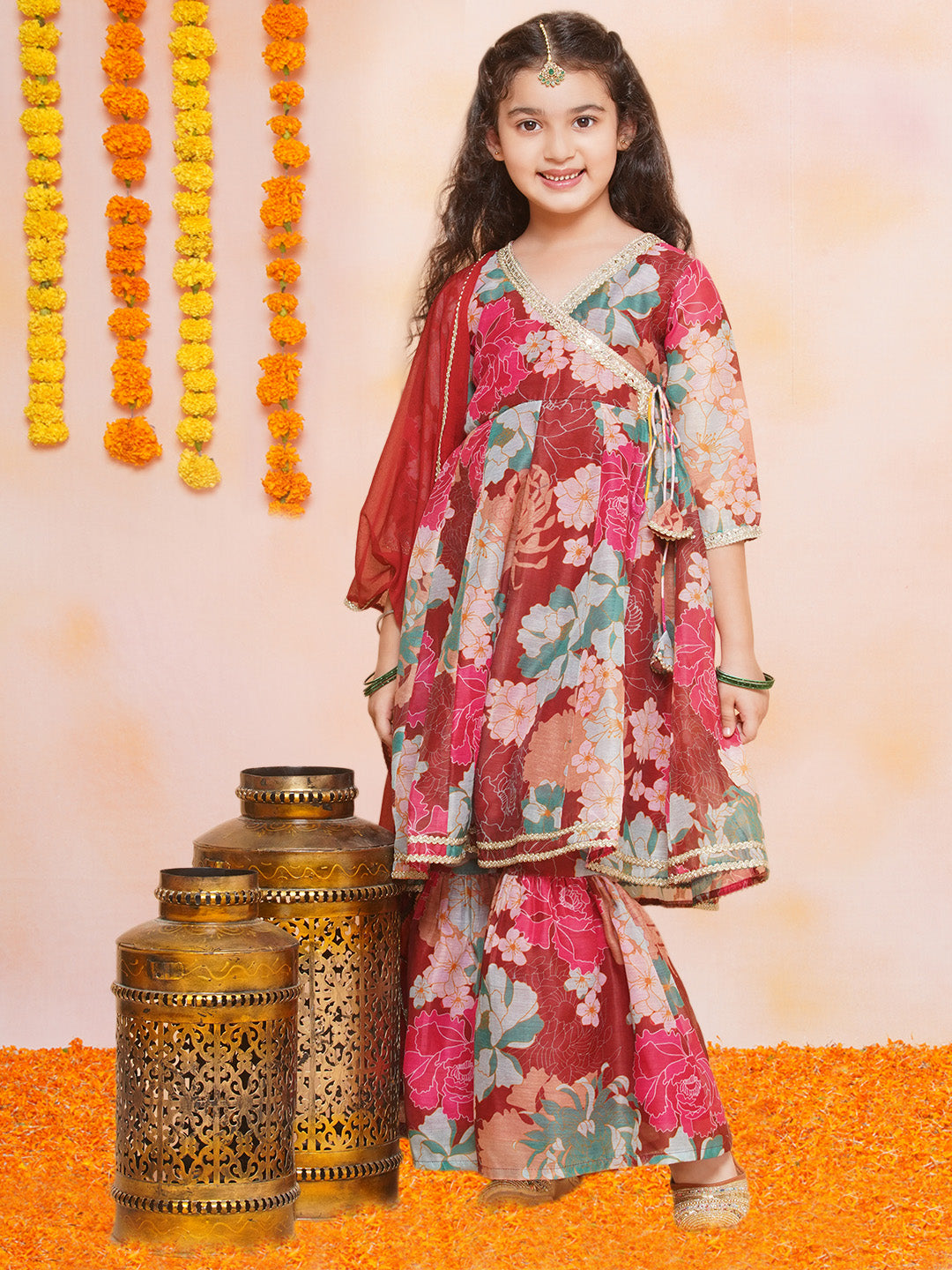 Girls Maroon Multi Printed Angrakha Kurta with Sharara & Dupatta - Bhama - Distacart