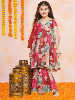 Girls Maroon Multi Printed Angrakha Kurta with Sharara & Dupatta - Bhama - Distacart