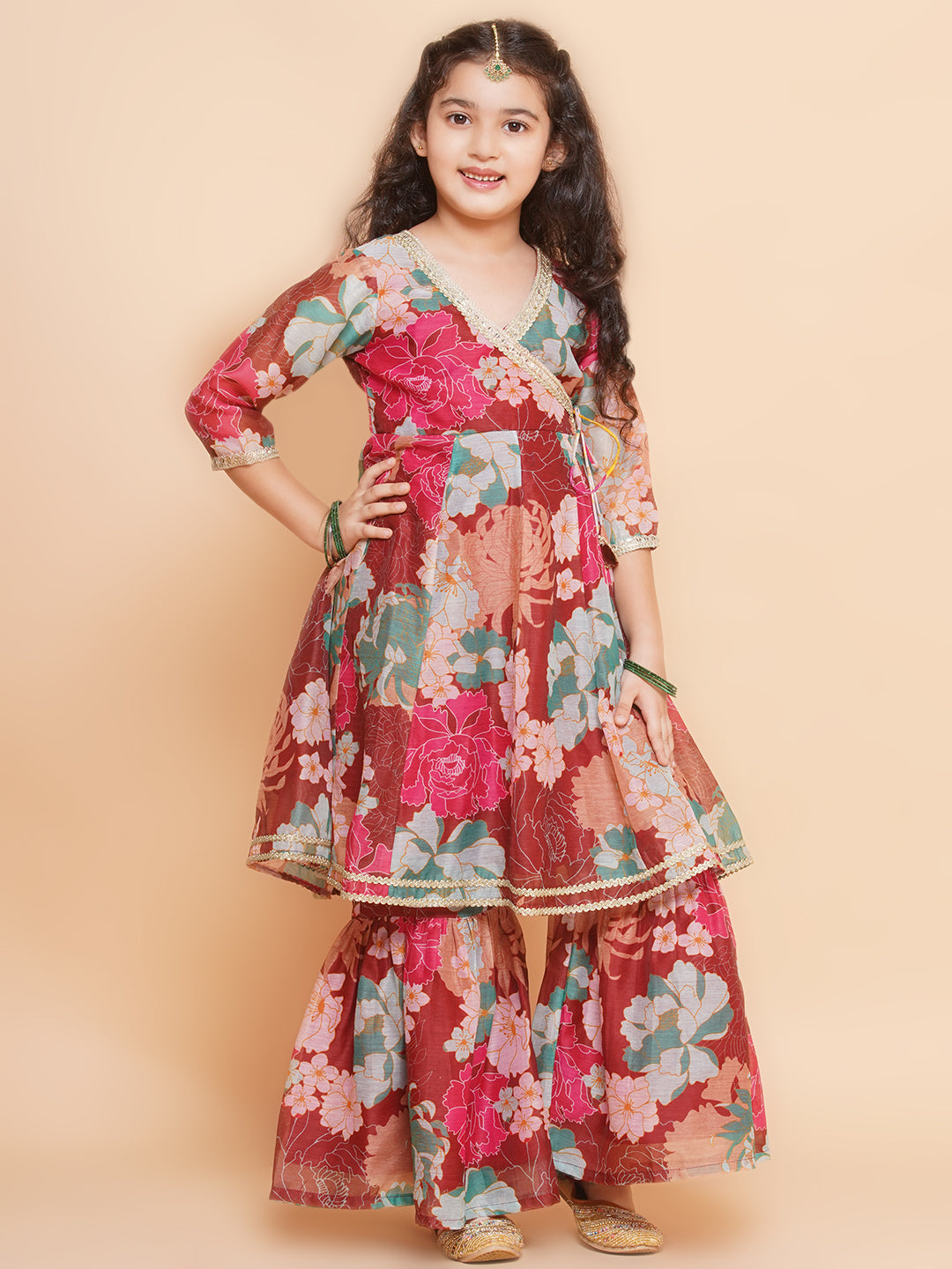 Girls Maroon Multi Printed Angrakha Kurta with Sharara & Dupatta - Bhama - Distacart