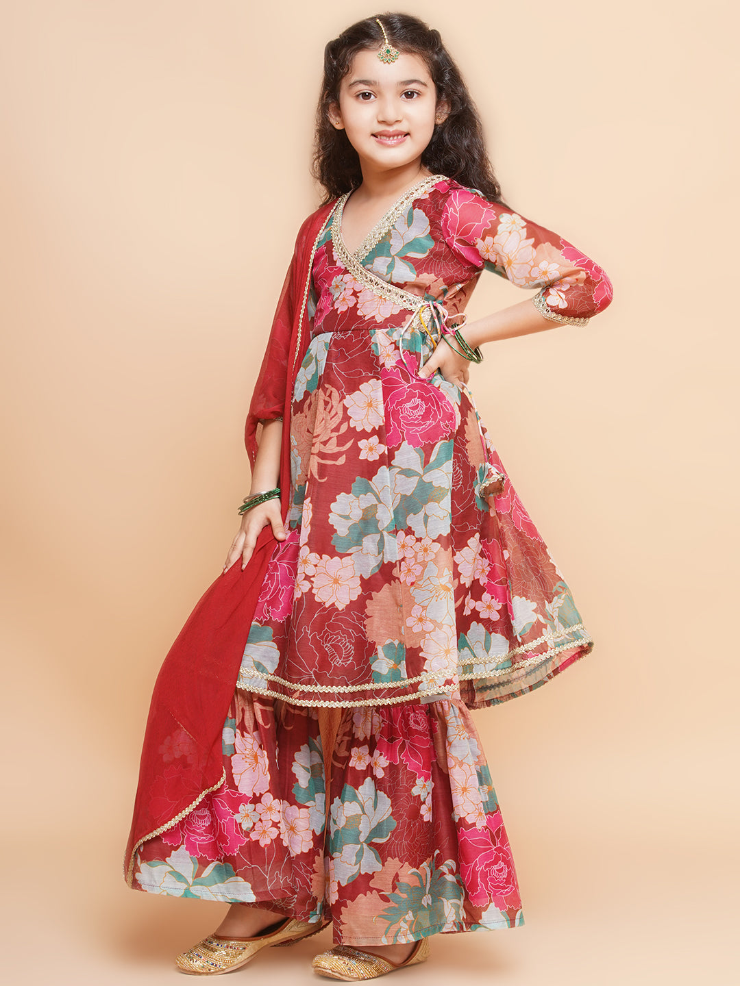 Girls Maroon Multi Printed Angrakha Kurta with Sharara & Dupatta - Bhama - Distacart