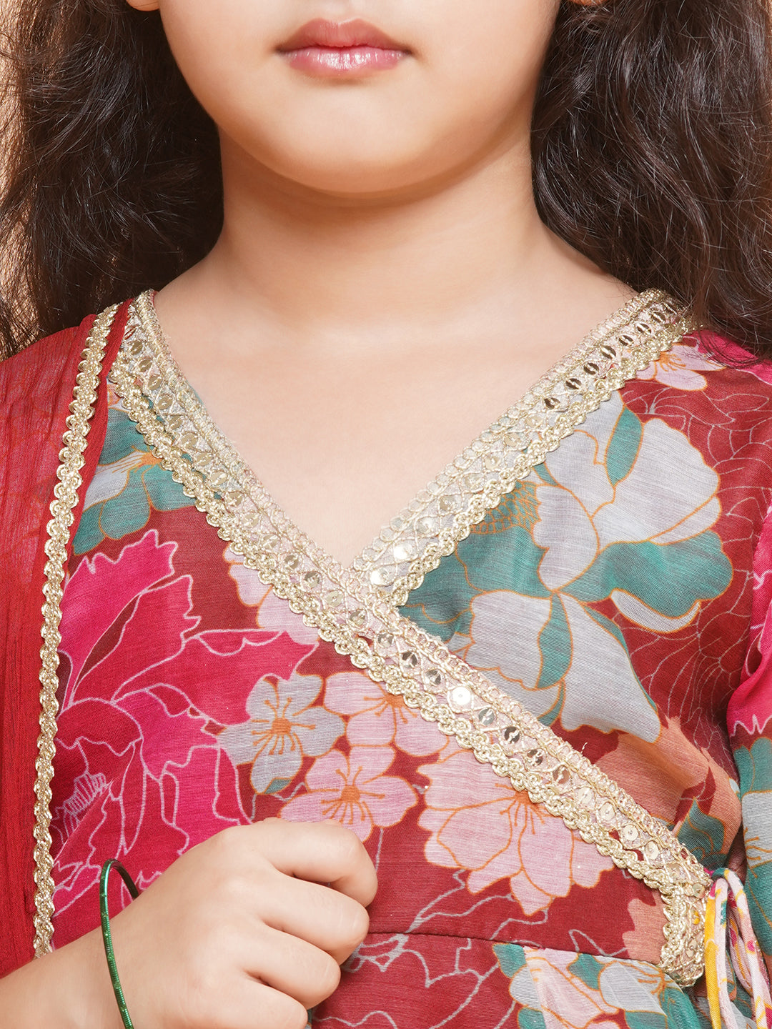 Girls Maroon Multi Printed Angrakha Kurta with Sharara & Dupatta - Bhama - Distacart