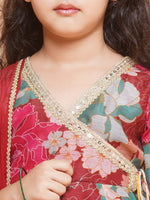 Thumbnail for Girls Maroon Multi Printed Angrakha Kurta with Sharara & Dupatta - Bhama - Distacart