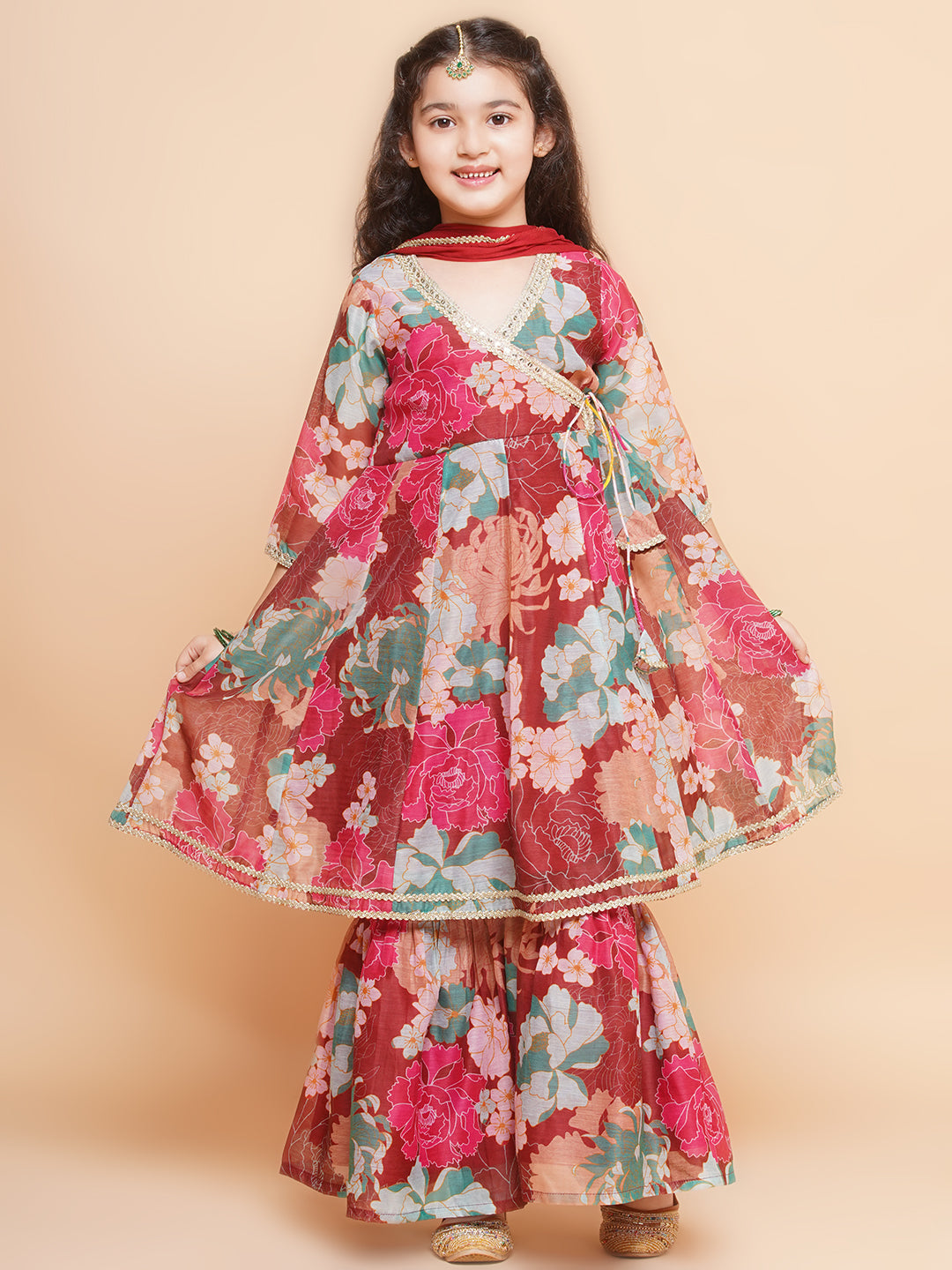 Girls Maroon Multi Printed Angrakha Kurta with Sharara & Dupatta - Bhama - Distacart
