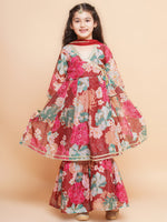 Thumbnail for Girls Maroon Multi Printed Angrakha Kurta with Sharara & Dupatta - Bhama - Distacart