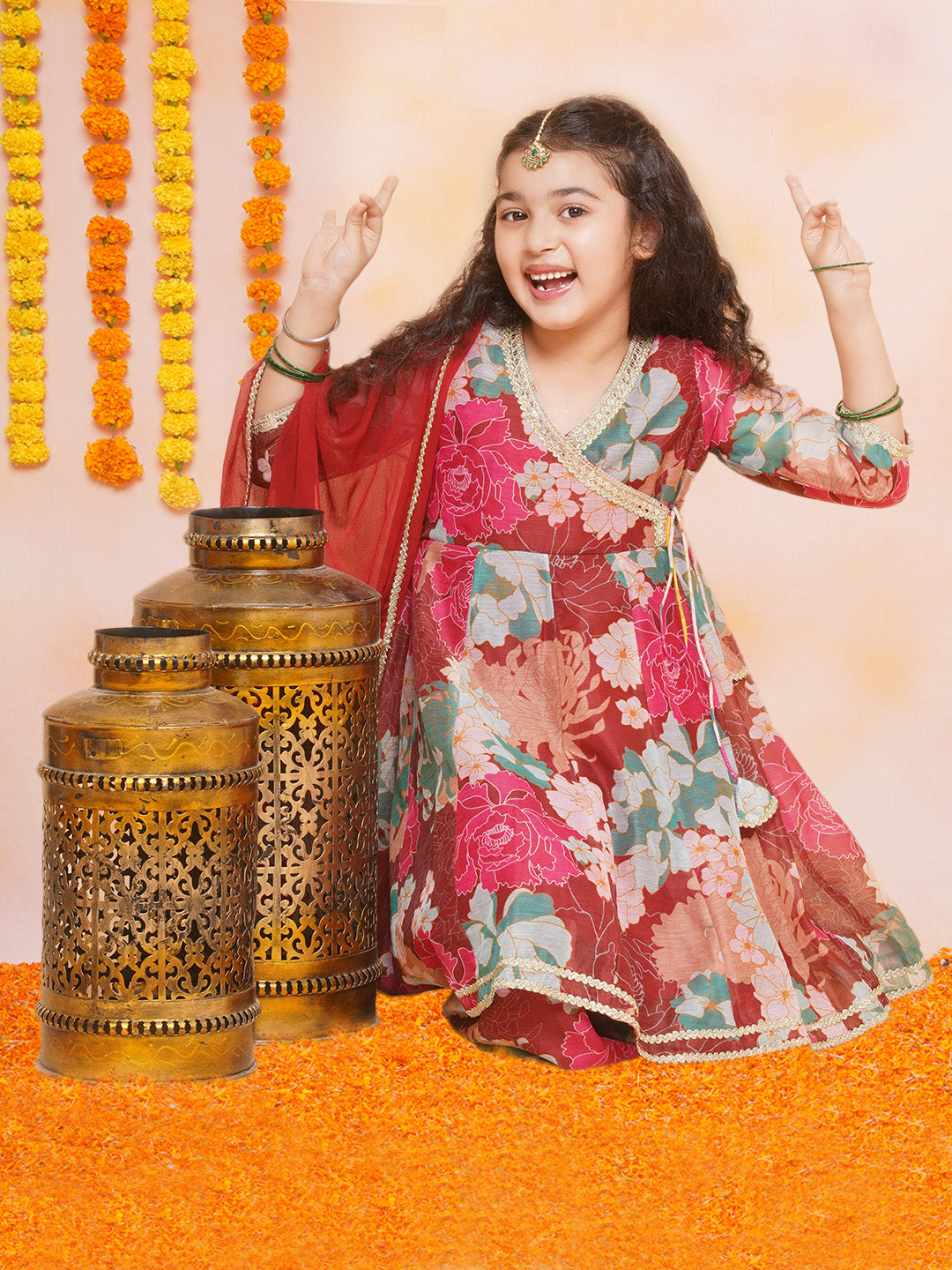 Girls Maroon Multi Printed Angrakha Kurta with Sharara & Dupatta - Bhama - Distacart